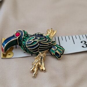 Gold-Tone Enamel Toucan Bird Brooch in Green and Blue